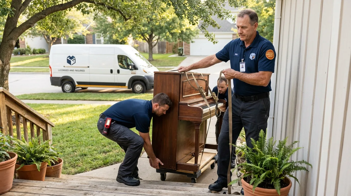Licensed piano movers securing grand piano in Herndon, VA