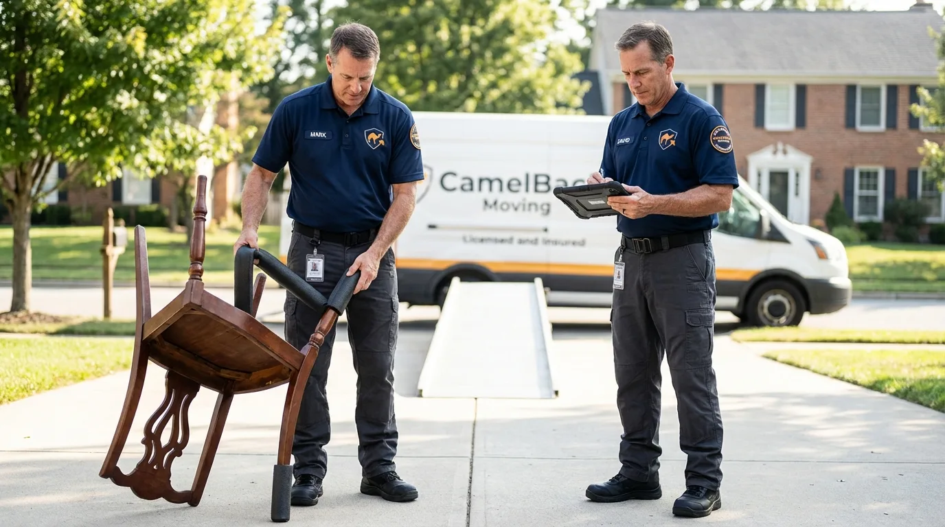 Movers inspecting furniture for damage prevention before loading in Herndon, VA