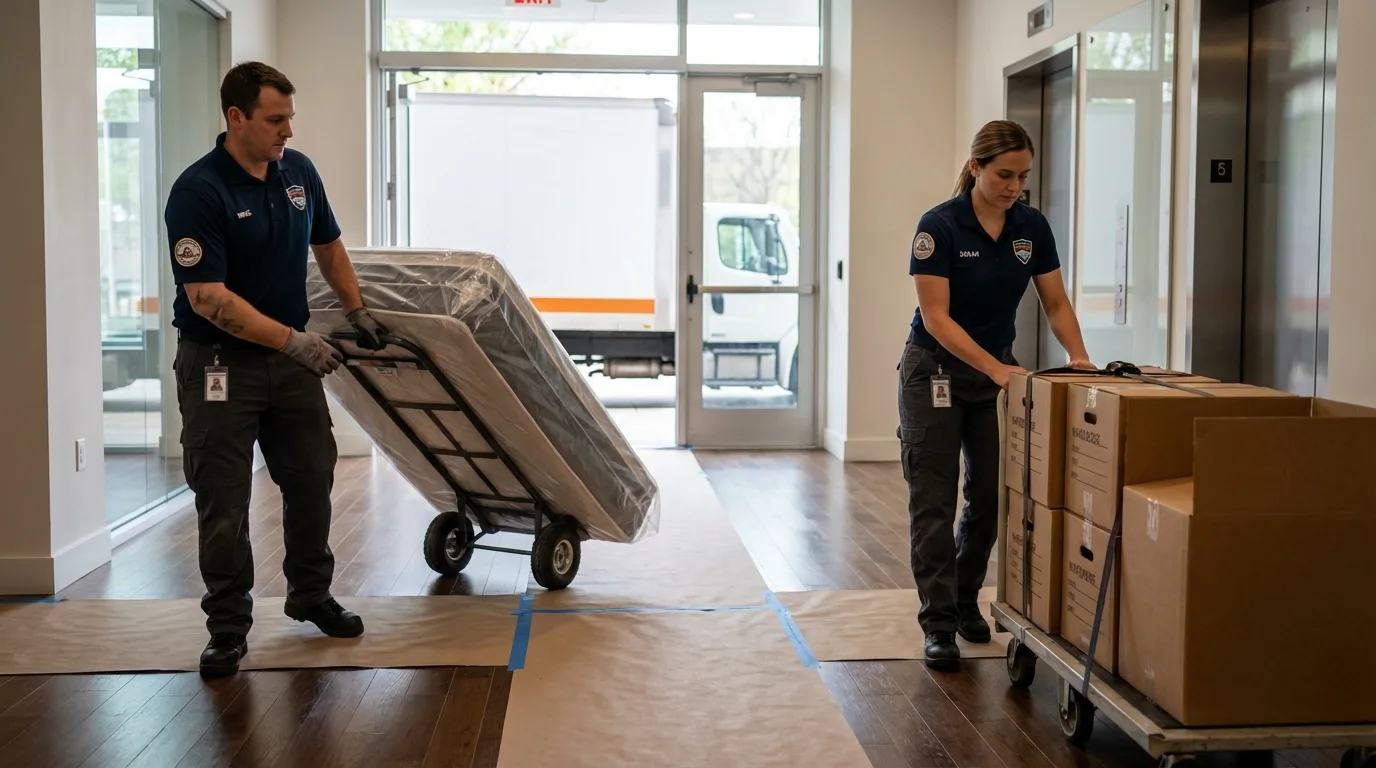 Professional apartment movers loading elevator in Herndon, VA